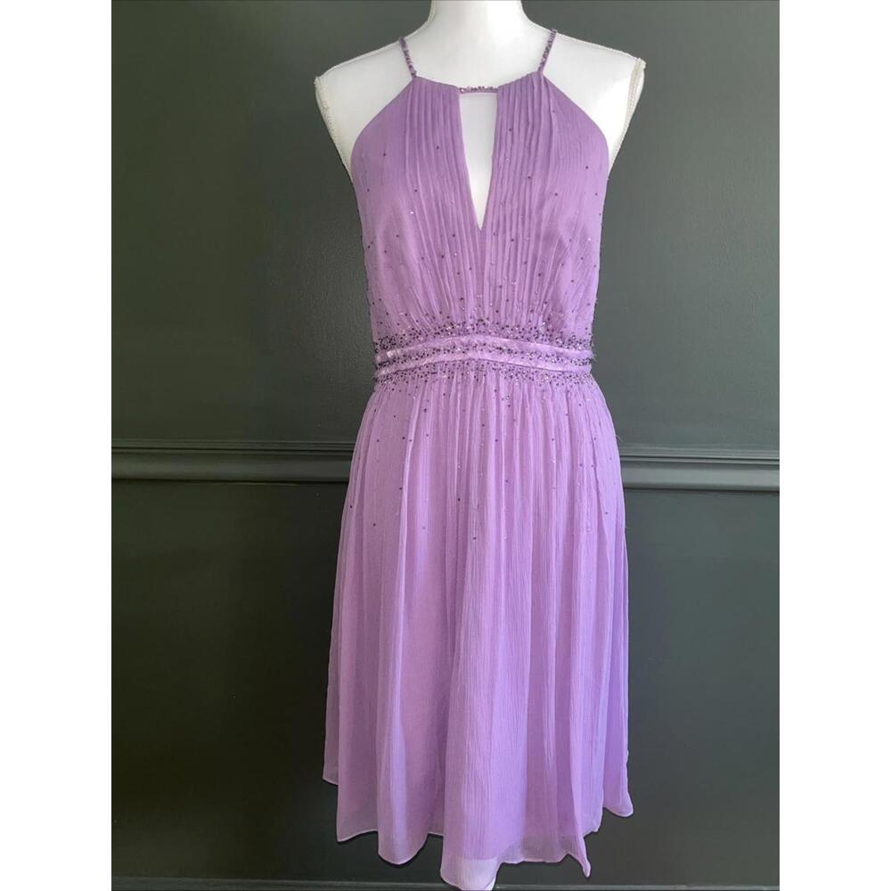 BCBG Max Azria Silk Chiffon Dress Lilac Purple Beaded Y2K Fairycore NWT Size 10